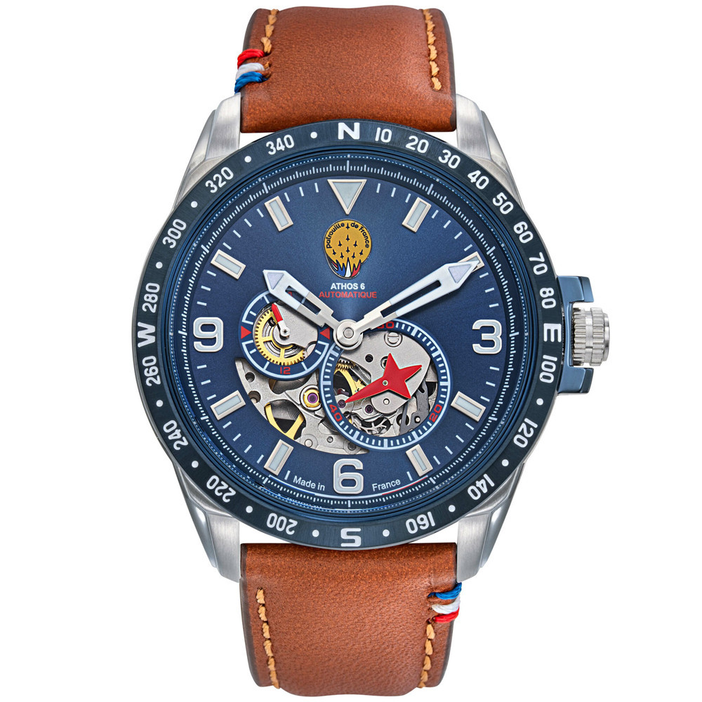Montre Homme Patrouille De France Athos 6, Automatique, acier et cuir marron 668152