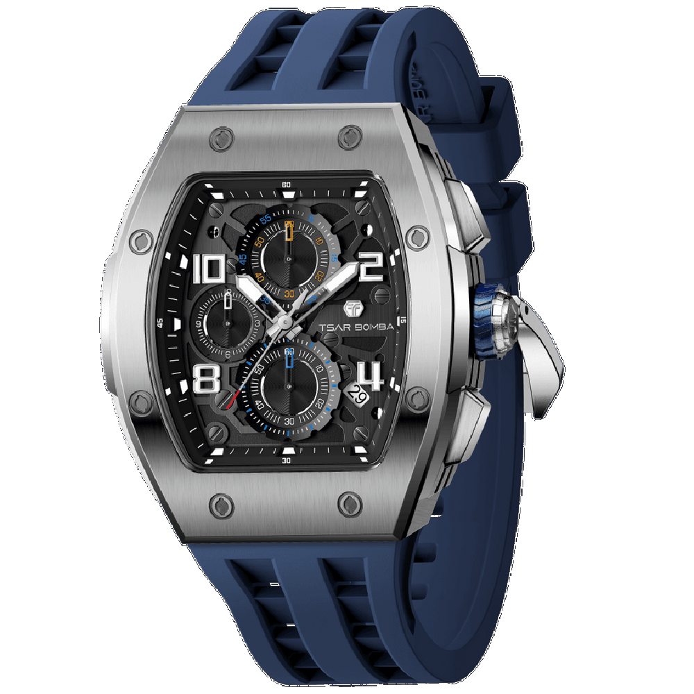 Montre homme Tsar Bomba Elemental collection calendrier, acier et silicone bleu TB8224Q02