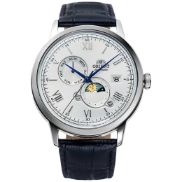 Montre Homme Orient, Automatique, Bambino Sun & Moon 41,50 mm en acier et bracelet cuir RA-AK0802S30B