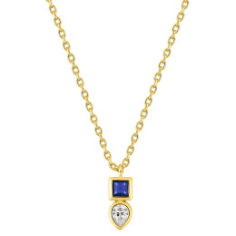 Collier plaqué or, pendentif oxydes de zirconium bleu carré et blanc poire by Stauffer