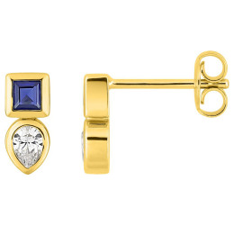 Boucles d'oreilles plaqué or, oxydes de zirconium bleu carré et blanc poire by Stauffer