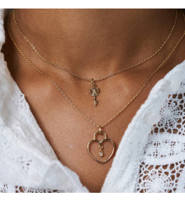 Collier Pendentif Clé de Cœur en Plaqué Or et Diamant, La Garçonne 26700079