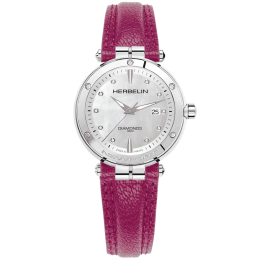 Montre femme Michel Herbelin Newport acier et cuir, nacre et diamants 14288AP89FU
