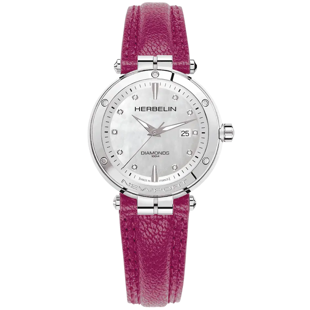 Montre femme Michel Herbelin Newport acier et cuir, nacre et diamants 14288AP89FU