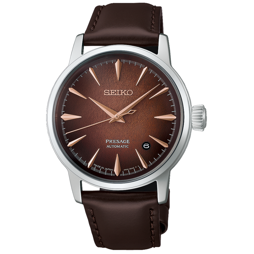 Montre Homme SEIKO PRESAGE (Cocktail time) Automatique 3 aiguilles et date en acier et cuir marron HCB003J1