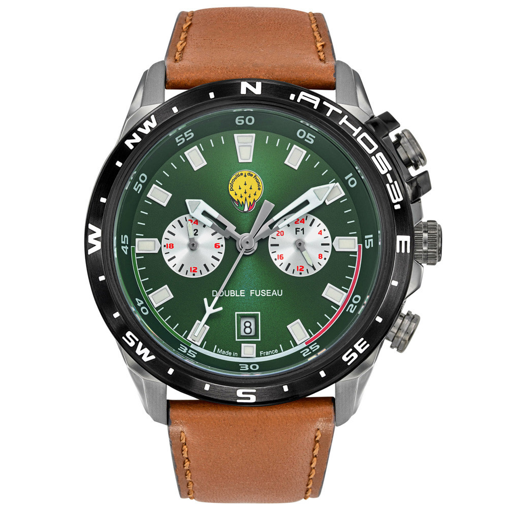 Montre Homme Patrouille De France Athos 3, double fuseau, acier et cuir 668158