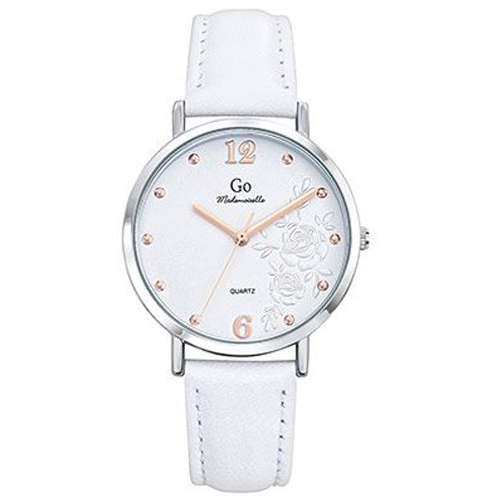Montre Femme GO Analogique Aiguilles, cuir blanc et cadran blanc motif fleurs 699450