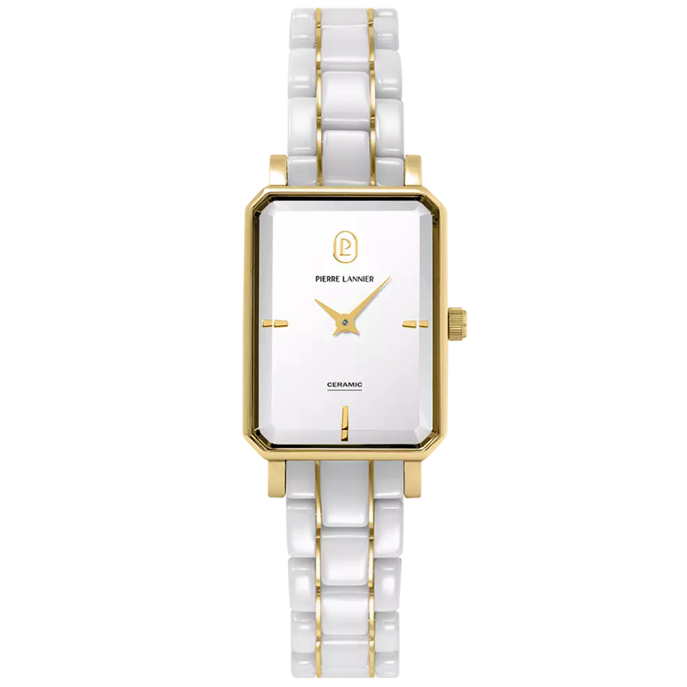 Montre Femme Pierre Lannier ARIANE, acier PVD jaune et céramique blanche 085L809