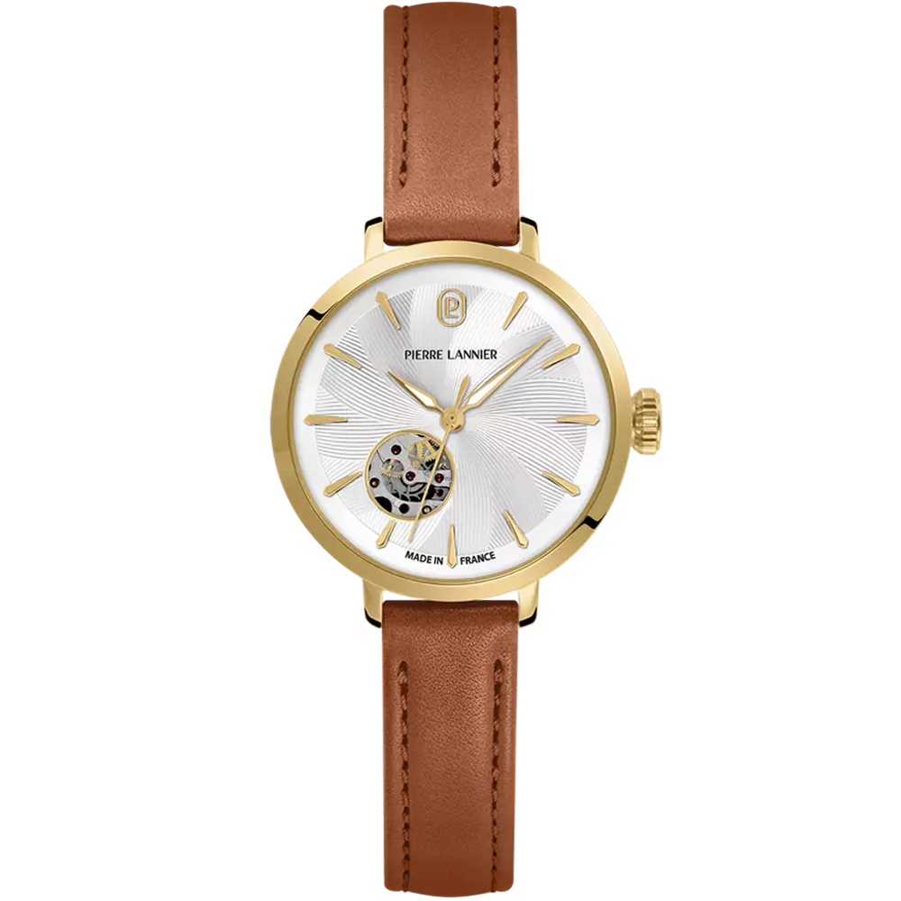 Montre Femme Pierre Lannier Soline, automatique en acier PVD jaune et cuir brun 139L524