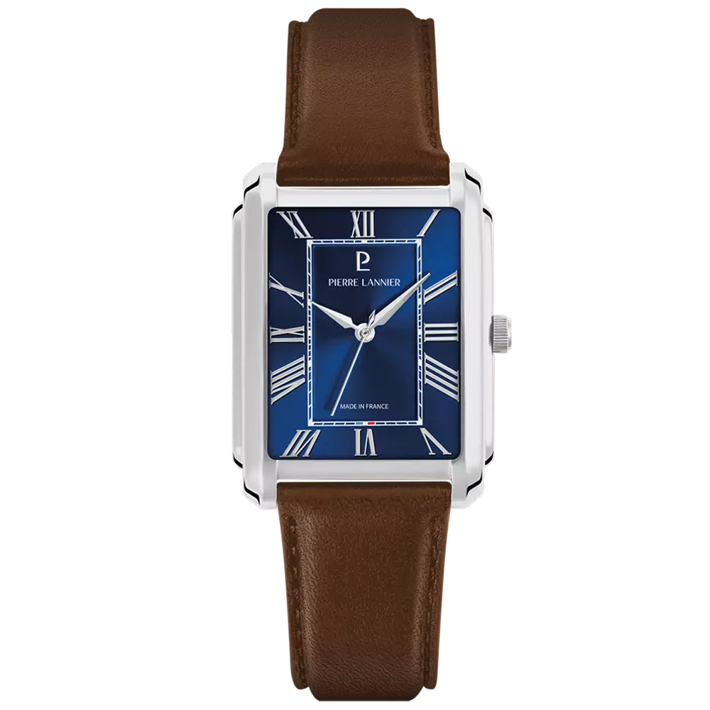 Montre Homme Pierre Lannier EMPIRE, acier, cuir brun et cadran bleu 212G164