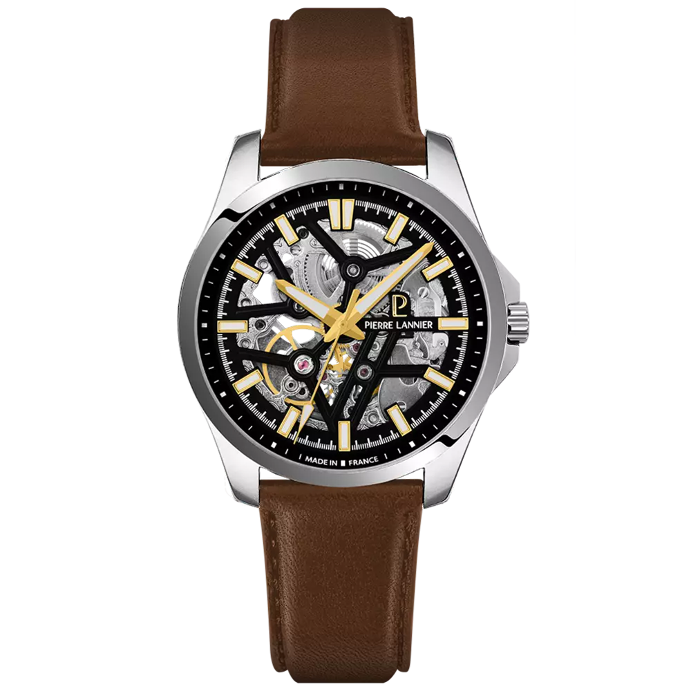 Montre Homme Pierre Lannier SKELETOM, Automatique en acier et cuir brun 304G134