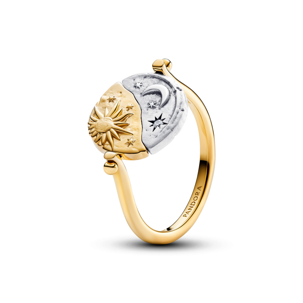 Bague Pandora médaillon réversible Soleil et Lune en argent 925/1000 et en métal doré or jaune 585/1000, 164810C01