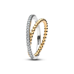 Bague Pandora double anneau perles et pavé en argent 925/1000 et en métal doré or jaune 585/1000, 164827C01