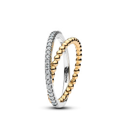 Bague Pandora double anneau perles et pavé en argent 925/1000 et en métal doré or jaune 585/1000, 164827C01