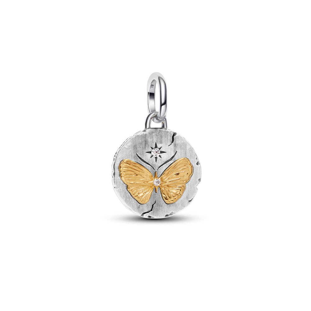 Charm médaillon Pandora papillon en argent 925/1000 et métal doré or jaune 585/1000 764803C01