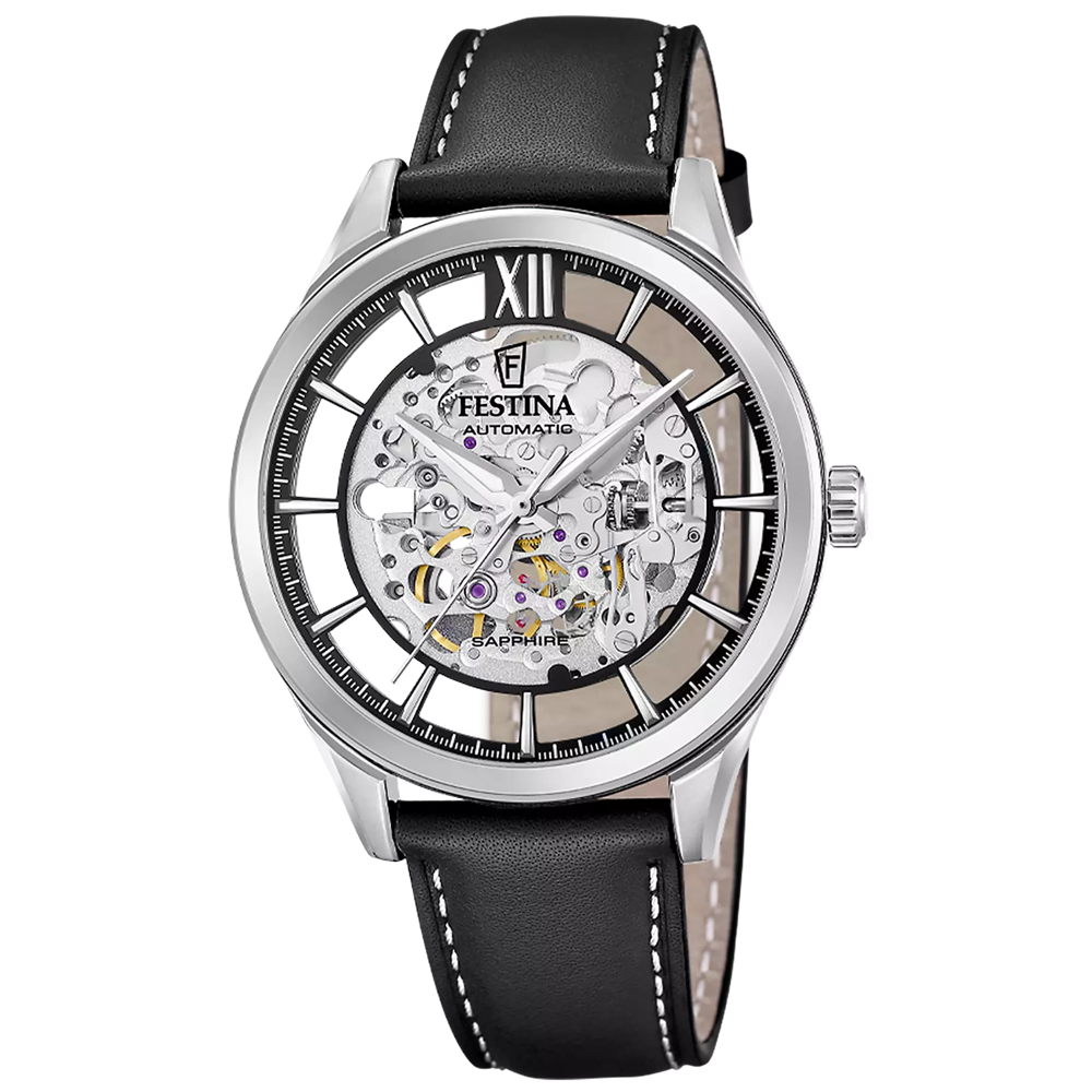 Montre homme Festina Automatique en acier et cuir noir cadran squelette 20793/1