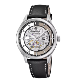 Montre homme Festina Automatique en acier et cuir noir cadran squelette 20793/1