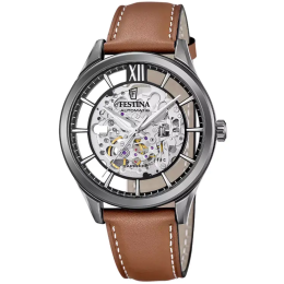 Montre homme Festina Automatique en acier PVD gris et cuir marron cadran squelette 20794/1