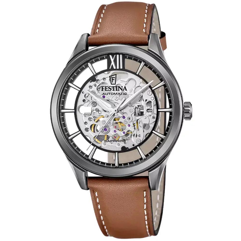 Montre homme Festina Automatique en acier PVD gris et cuir marron cadran squelette 20794/1