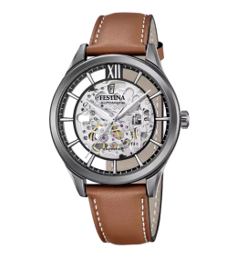 Montre homme Festina Automatique en acier PVD gris et cuir marron cadran squelette 20794/1