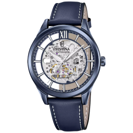 Montre homme Festina Automatique en acier PVD bleu et cuir bleu cadran squelette 20795/1