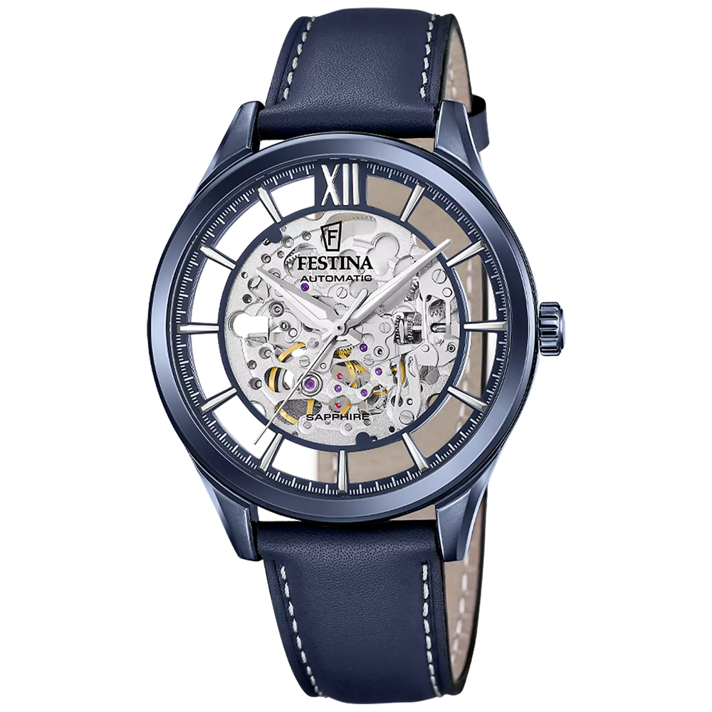 Montre homme Festina Automatique en acier PVD bleu et cuir bleu cadran squelette 20795/1