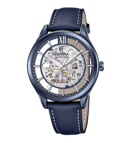 Montre homme Festina Automatique en acier PVD bleu et cuir bleu cadran squelette 20795/1