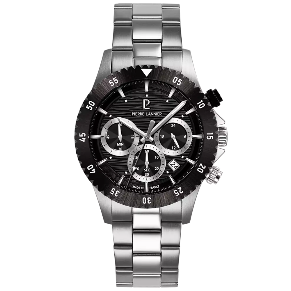 Montre Homme Pierre Lannier DECIMA, chronographe en acier et cadran noir 211K131