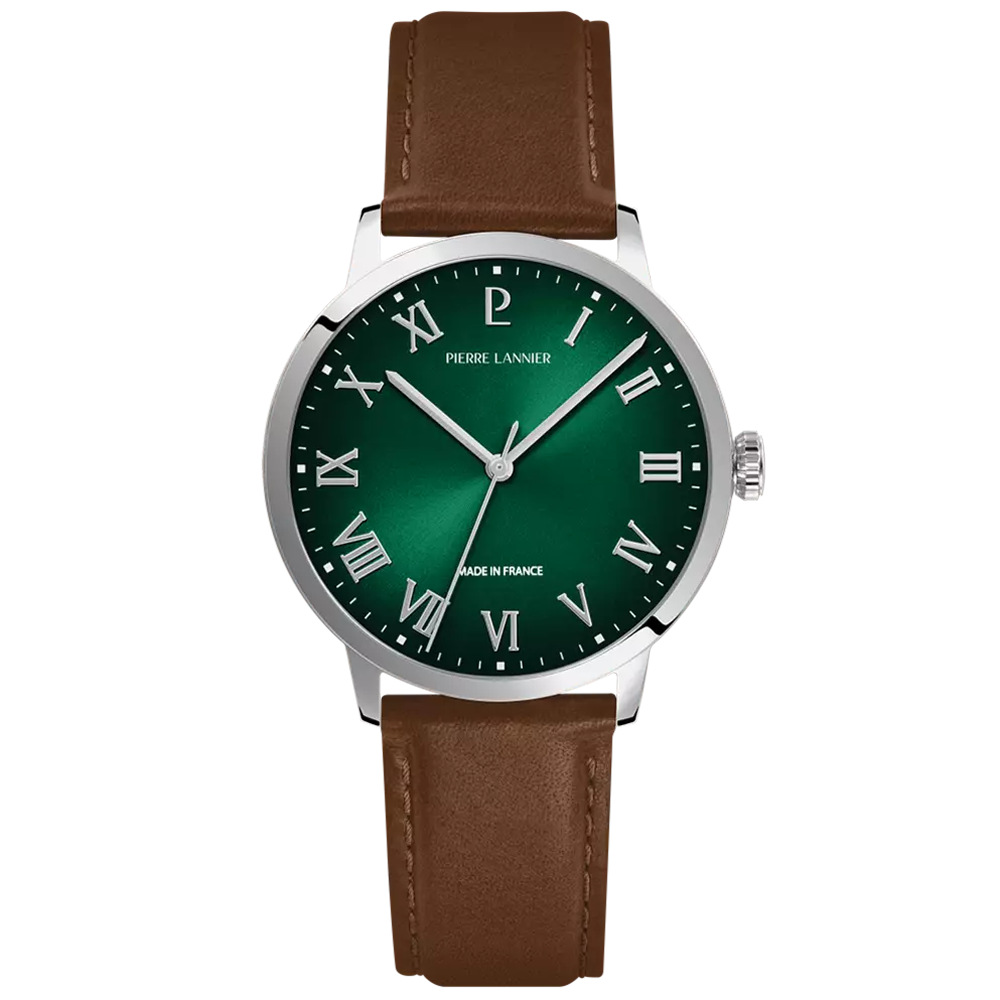 Montre Homme Pierre Lannier INTERVAL en acier et cuir avec cadran vert 255G174