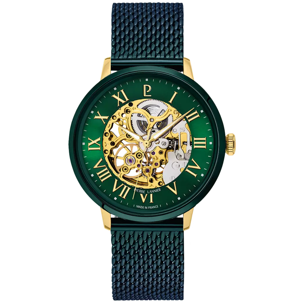 Montre homme Pierre Lannier Automatic, acier PVD vert et cadran vert squelette 318B279