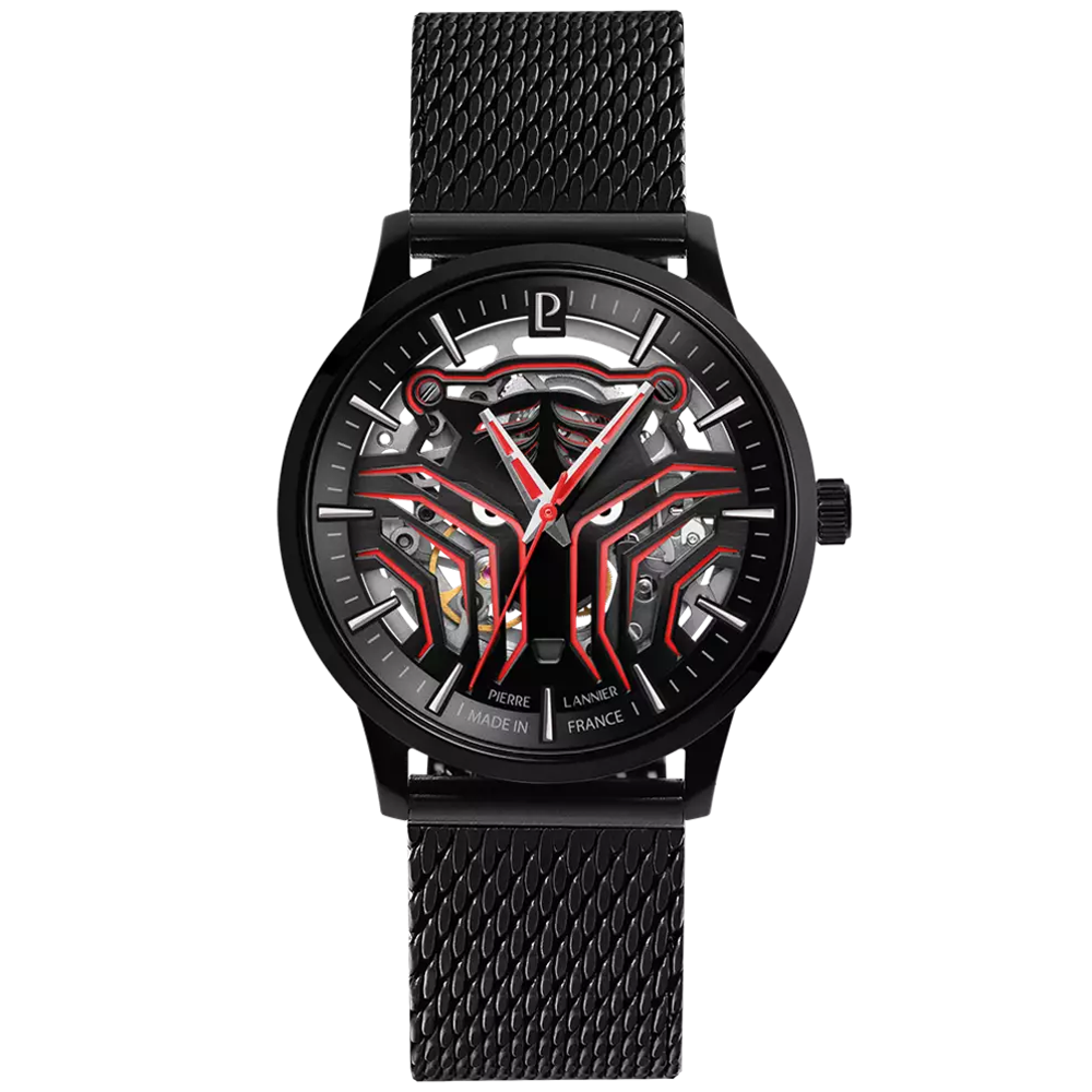 Montre homme Pierre Lannier SHERKHAN Automatique, acier PVD noir et cadran félin squelette 309F439