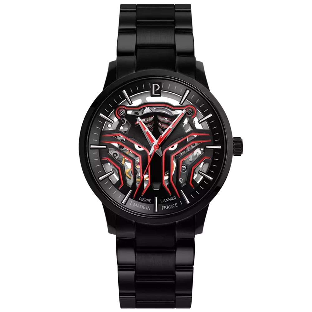 Montre homme Pierre Lannier SHERKHAN Automatique, acier PVD noir et cadran félin squelette 310G439