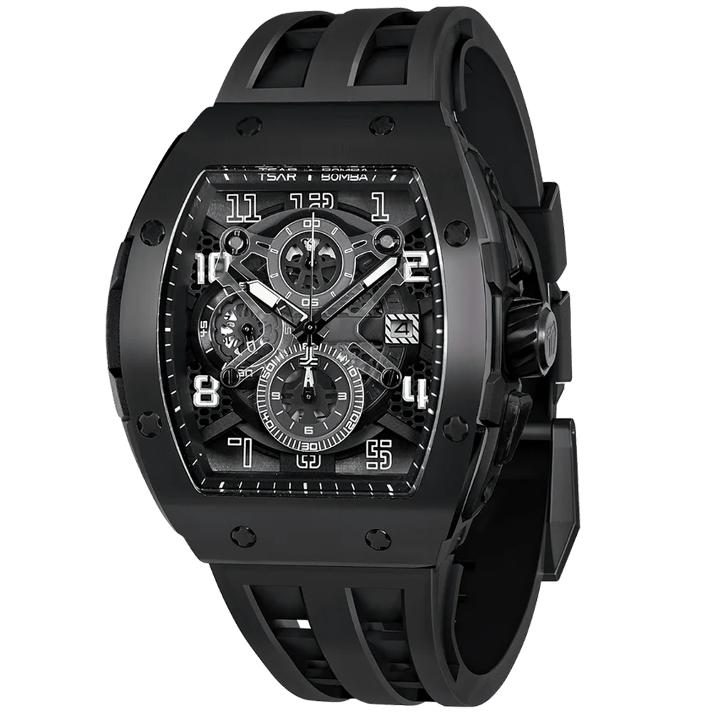 Montre homme Tsar Bomba Elemental collection calendrier, acier PVD noir et silicone noir TB8211Q04