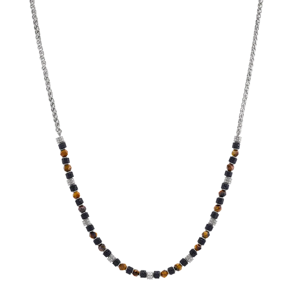 Collier Homme Jourdan bijou, BENGALE, en acier, oeil de tigre  et pierres de lave JH250024N