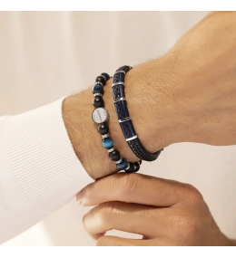 Bracelet Homme Jourdan Bijoux Kessel. Acier & Cuir Noir et Bleu RC 030 H