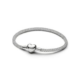 Bracelet Pandora mailles tressées scintillantes fermoir coeur en métal plaqué platine, 534971C01