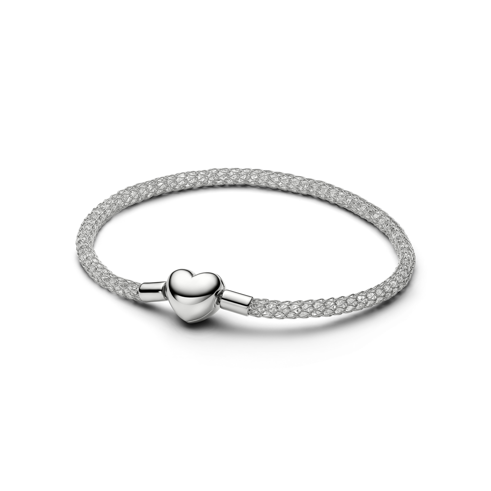 Bracelet Pandora mailles tressées scintillantes fermoir coeur en métal plaqué platine, 534971C01