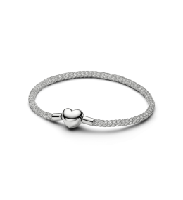 Bracelet Pandora mailles tressées scintillantes fermoir coeur en métal plaqué platine, 534971C01