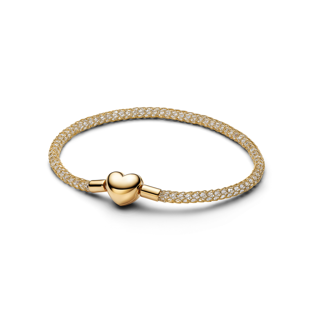 Bracelet Pandora mailles tressées scintillantes fermoir coeur en métal doré or jaune 585/1000 564971C01