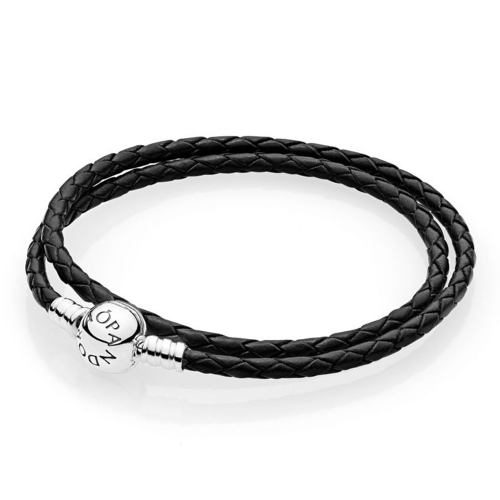 Double Bracelet Tressé en Cuir - Noir, fermoir rond argent 925/1000 PANDORA 590745CBK-D