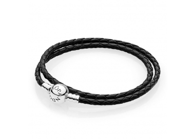 Double Bracelet Tressé en Cuir - Noir, fermoir rond argent 925/1000 PANDORA 590745CBK-D