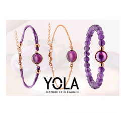 Bracelet en acier rosé et coton violet - cabochon améthyste - 11mm YOLA - IG 378
