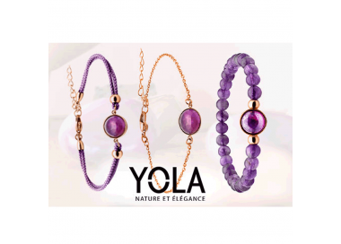 Bracelet en acier rosé et coton violet - cabochon améthyste - 11mm YOLA - IG 378