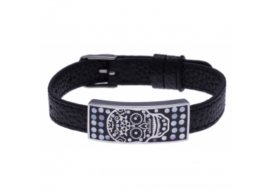 Bracelet acier - tête de mort - émail - nacre - cuir noir ODENA - IM 358