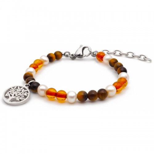 Bracelet STILIVITA en acier - Collection équilibre - PROTECTION - perle - œil de tigre - ambre - arbre de vie SI 332