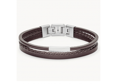 Bracelet homme multi-rangs cuir brun et acier FOSSIL JF03323040