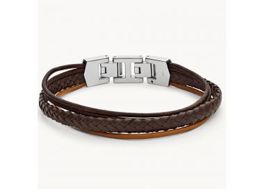 Bracelet homme multi-rangs cuir brun et acier FOSSIL JF03390040