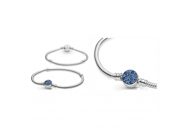 Bracelet chaîne serpent bleu scintillant avec fermoir disque Pandora Moments en argent 925/1000 599288C01