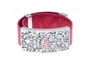 Bracelet acier - émail - nacre - papillon - cuir rouge - ODENA - IC 384