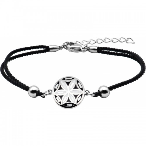 Bracelet acier - nacre - émail - fleur de vie - coton noir - ODENA - IM 374